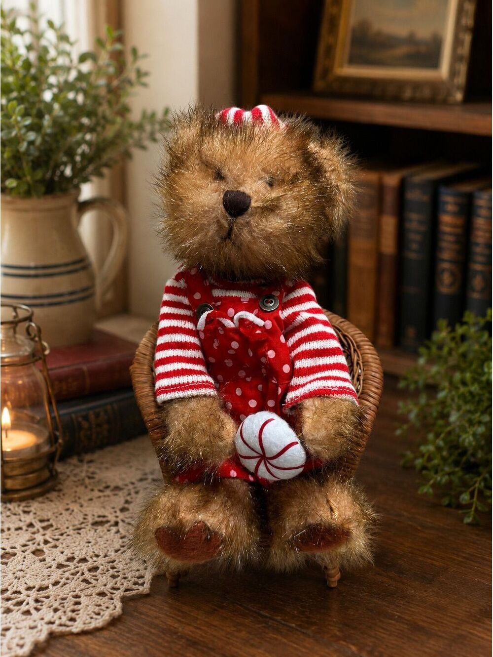 #6tb - Christmas Heartland collectible bear in a mini wicker chair